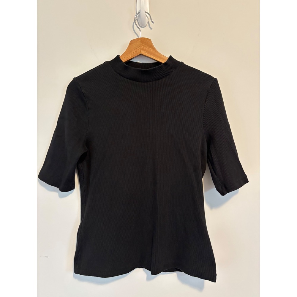 Maeve Anthropologie Black Ribbed Mock Neck Elbow Sleeve Knit Top Womens Medium